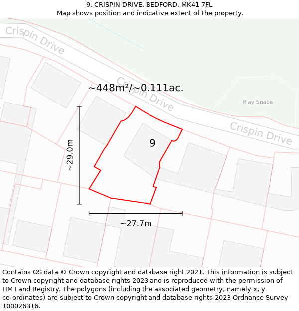 9, CRISPIN DRIVE, BEDFORD, MK41 7FL: Plot and title map