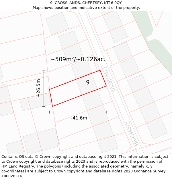 9, CROSSLANDS, CHERTSEY, KT16 9QY: Plot and title map