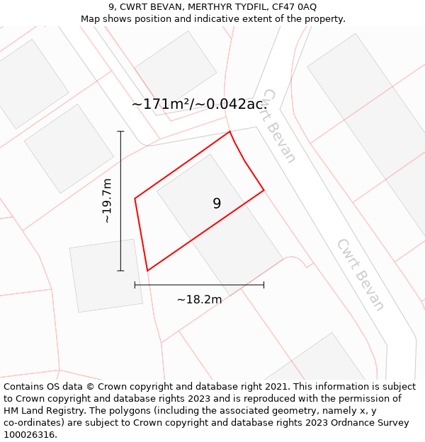 9, CWRT BEVAN, MERTHYR TYDFIL, CF47 0AQ: Plot and title map