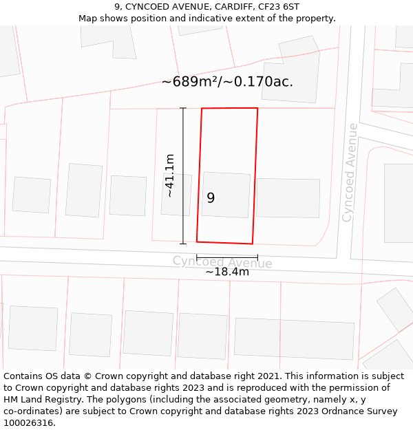 9, CYNCOED AVENUE, CARDIFF, CF23 6ST: Plot and title map
