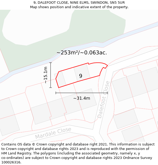 9, DALEFOOT CLOSE, NINE ELMS, SWINDON, SN5 5UR: Plot and title map