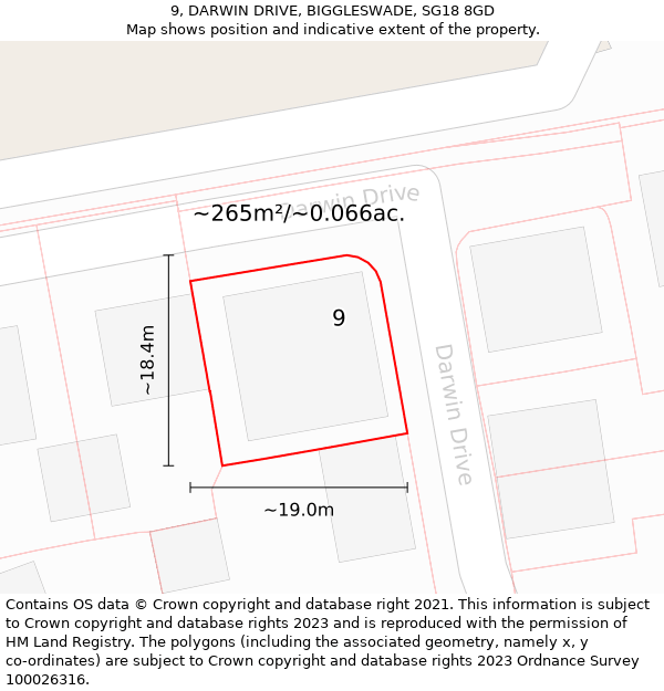 9, DARWIN DRIVE, BIGGLESWADE, SG18 8GD: Plot and title map