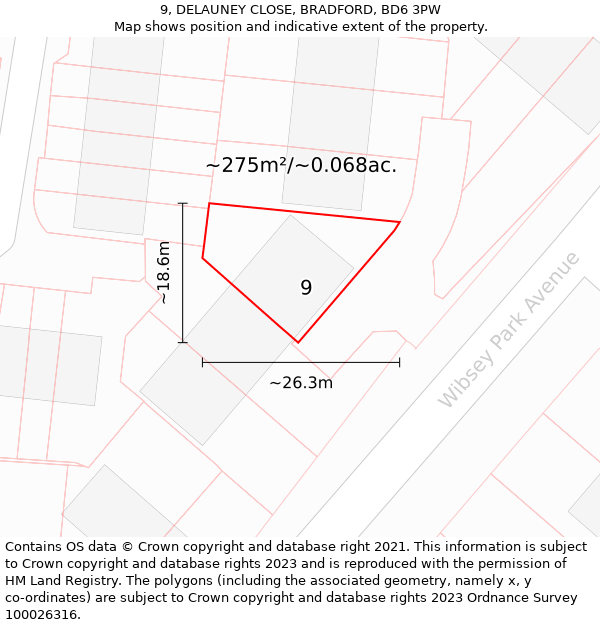 9, DELAUNEY CLOSE, BRADFORD, BD6 3PW: Plot and title map