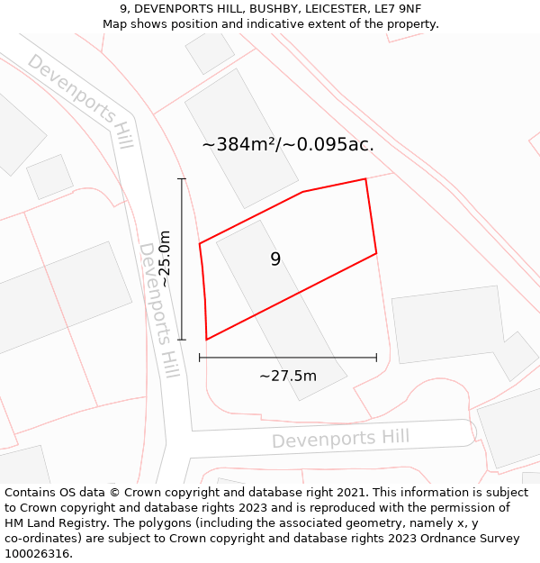 9, DEVENPORTS HILL, BUSHBY, LEICESTER, LE7 9NF: Plot and title map