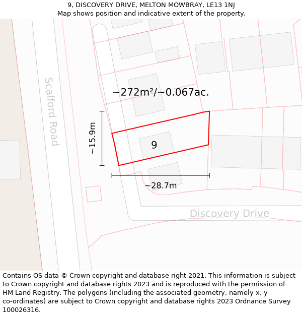 9, DISCOVERY DRIVE, MELTON MOWBRAY, LE13 1NJ: Plot and title map