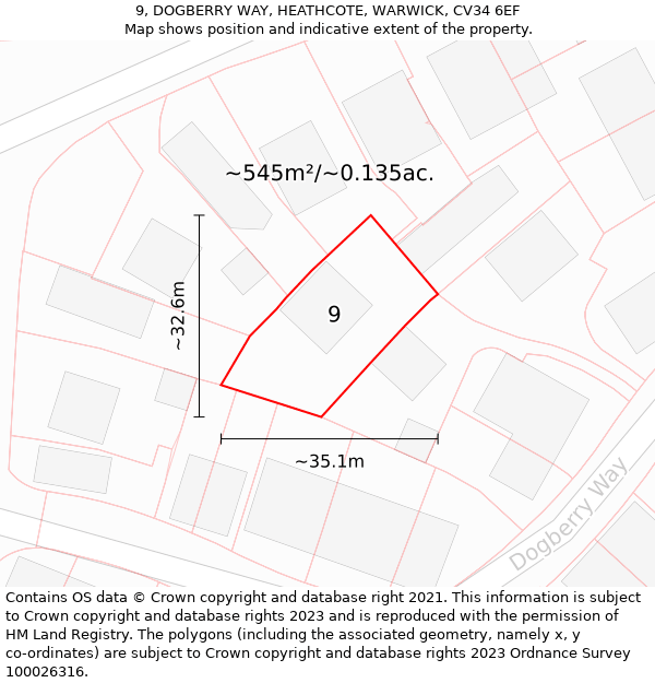 9, DOGBERRY WAY, HEATHCOTE, WARWICK, CV34 6EF: Plot and title map