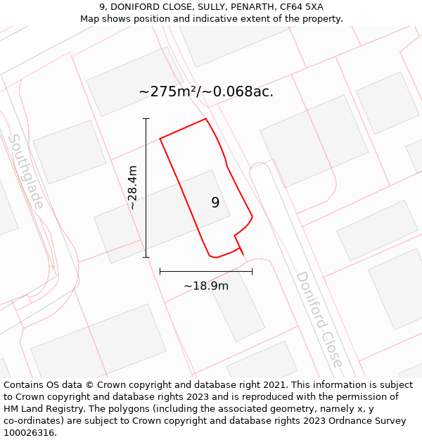 9, DONIFORD CLOSE, SULLY, PENARTH, CF64 5XA: Plot and title map