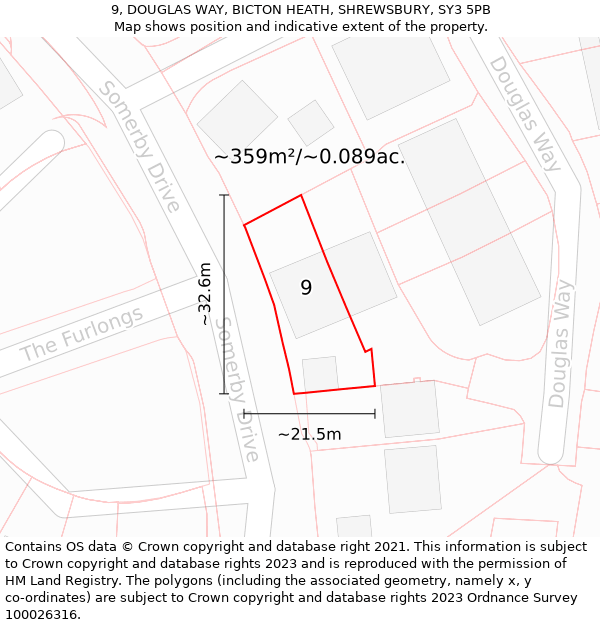 9, DOUGLAS WAY, BICTON HEATH, SHREWSBURY, SY3 5PB: Plot and title map