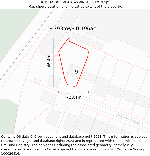 9, DRAGONS MEAD, AXMINSTER, EX13 5JY: Plot and title map