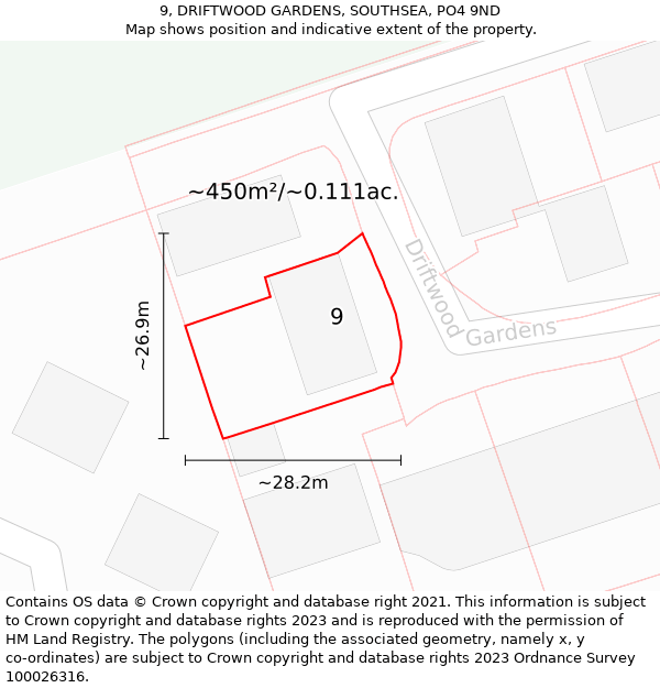 9, DRIFTWOOD GARDENS, SOUTHSEA, PO4 9ND: Plot and title map