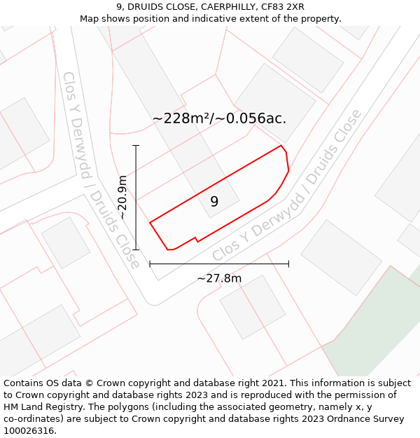 9, DRUIDS CLOSE, CAERPHILLY, CF83 2XR: Plot and title map