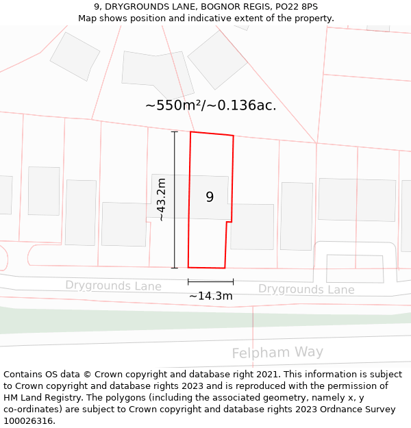 9, DRYGROUNDS LANE, BOGNOR REGIS, PO22 8PS: Plot and title map