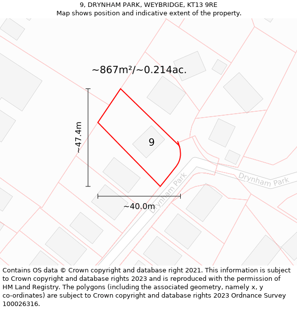 9, DRYNHAM PARK, WEYBRIDGE, KT13 9RE: Plot and title map