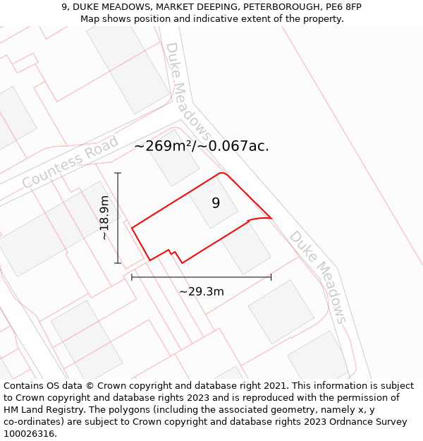 9, DUKE MEADOWS, MARKET DEEPING, PETERBOROUGH, PE6 8FP: Plot and title map