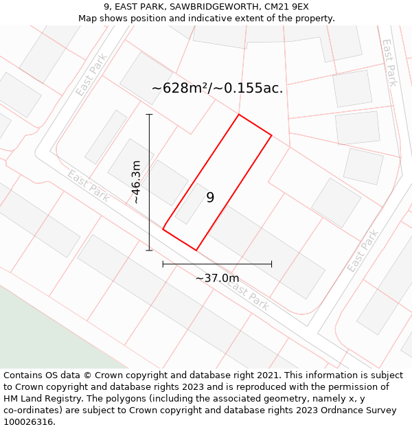 9, EAST PARK, SAWBRIDGEWORTH, CM21 9EX: Plot and title map