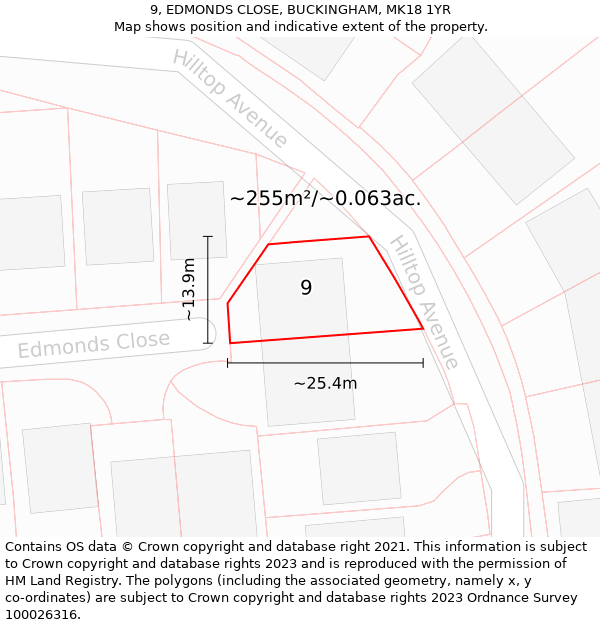 9, EDMONDS CLOSE, BUCKINGHAM, MK18 1YR: Plot and title map