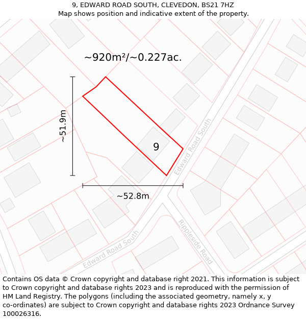 9, EDWARD ROAD SOUTH, CLEVEDON, BS21 7HZ: Plot and title map