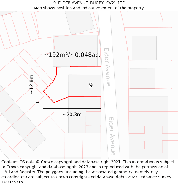 9, ELDER AVENUE, RUGBY, CV21 1TE: Plot and title map