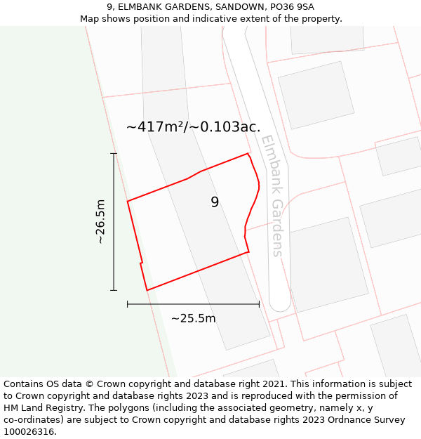 9, ELMBANK GARDENS, SANDOWN, PO36 9SA: Plot and title map