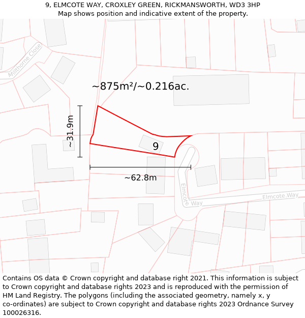 9, ELMCOTE WAY, CROXLEY GREEN, RICKMANSWORTH, WD3 3HP: Plot and title map