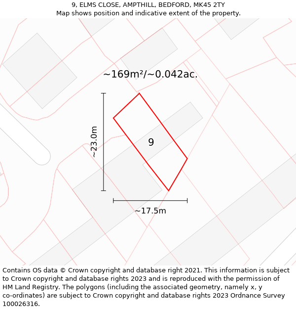 9, ELMS CLOSE, AMPTHILL, BEDFORD, MK45 2TY: Plot and title map