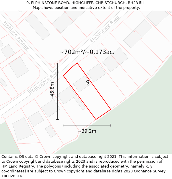 9, ELPHINSTONE ROAD, HIGHCLIFFE, CHRISTCHURCH, BH23 5LL: Plot and title map