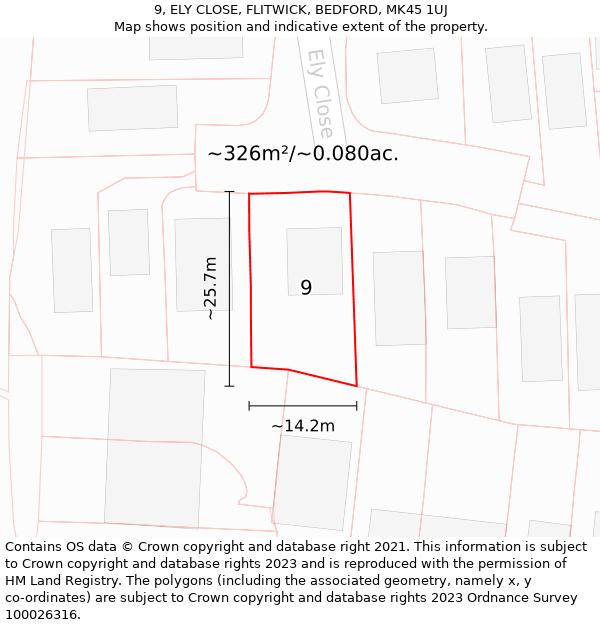 9, ELY CLOSE, FLITWICK, BEDFORD, MK45 1UJ: Plot and title map