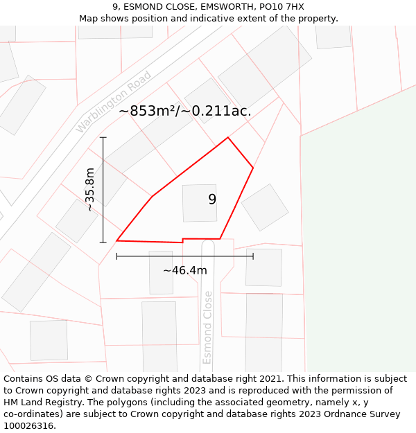 9, ESMOND CLOSE, EMSWORTH, PO10 7HX: Plot and title map