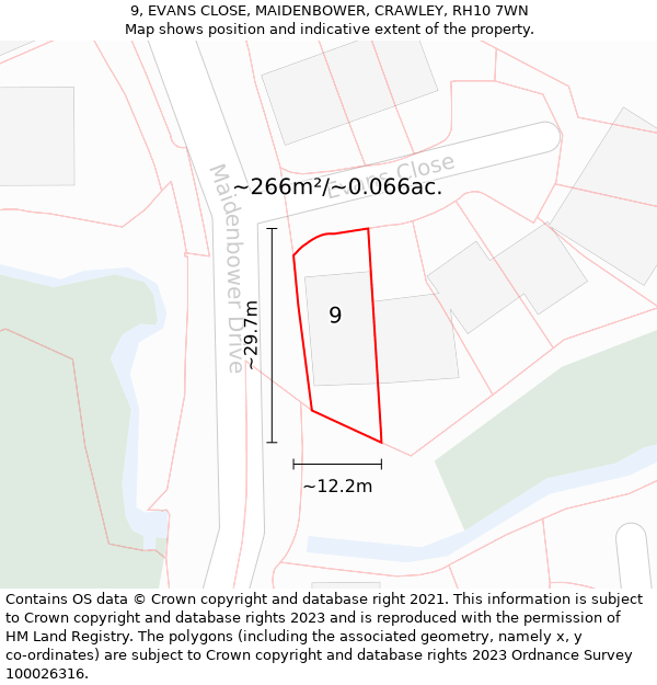 9, EVANS CLOSE, MAIDENBOWER, CRAWLEY, RH10 7WN: Plot and title map