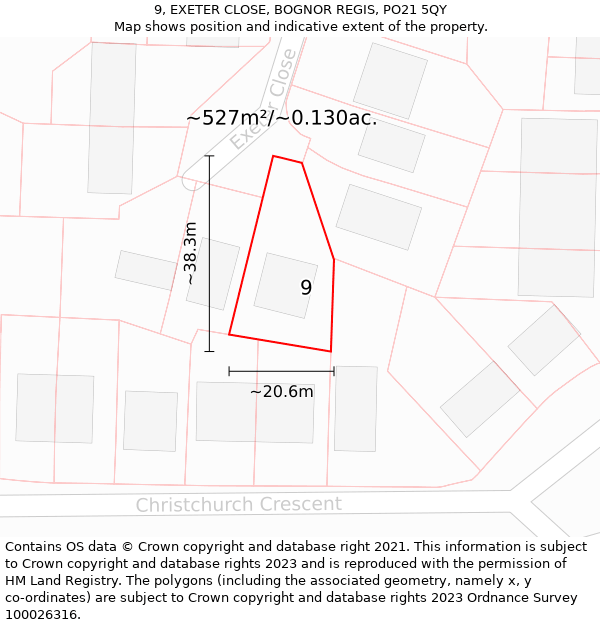 9, EXETER CLOSE, BOGNOR REGIS, PO21 5QY: Plot and title map