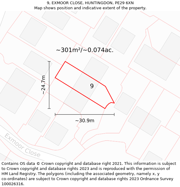 9, EXMOOR CLOSE, HUNTINGDON, PE29 6XN: Plot and title map