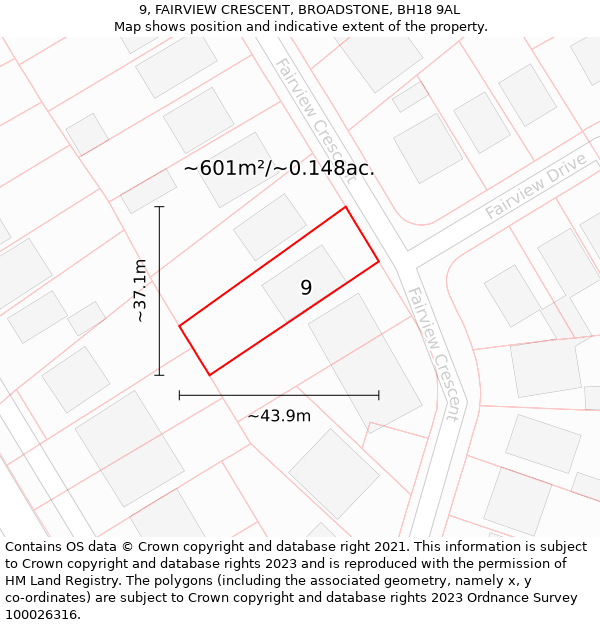 9, FAIRVIEW CRESCENT, BROADSTONE, BH18 9AL: Plot and title map