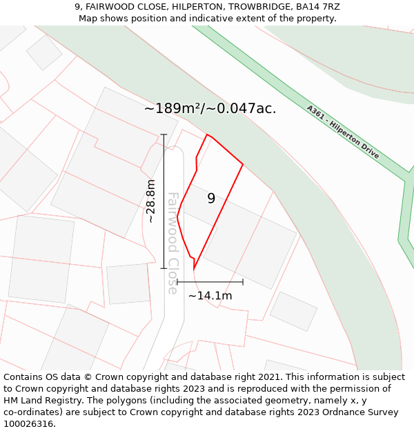 9, FAIRWOOD CLOSE, HILPERTON, TROWBRIDGE, BA14 7RZ: Plot and title map