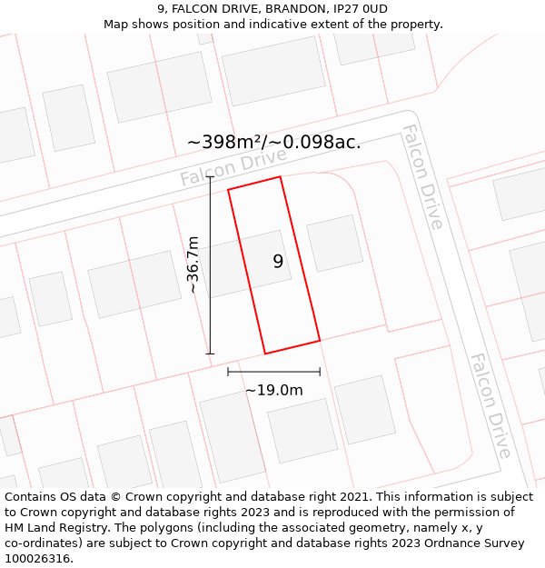 9, FALCON DRIVE, BRANDON, IP27 0UD: Plot and title map