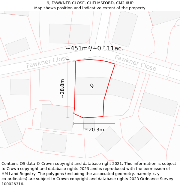 9, FAWKNER CLOSE, CHELMSFORD, CM2 6UP: Plot and title map