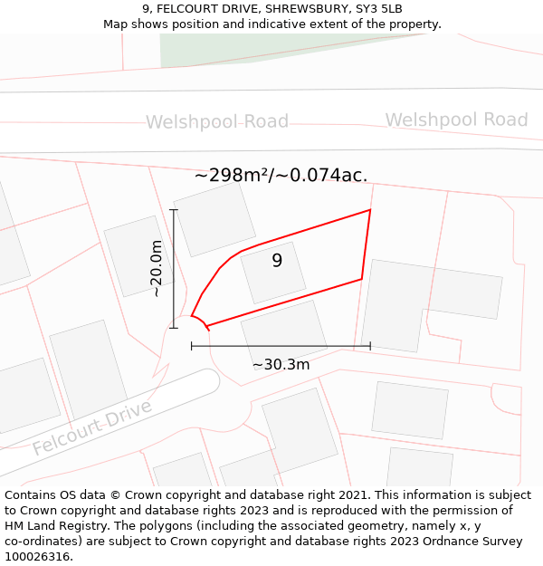 9, FELCOURT DRIVE, SHREWSBURY, SY3 5LB: Plot and title map