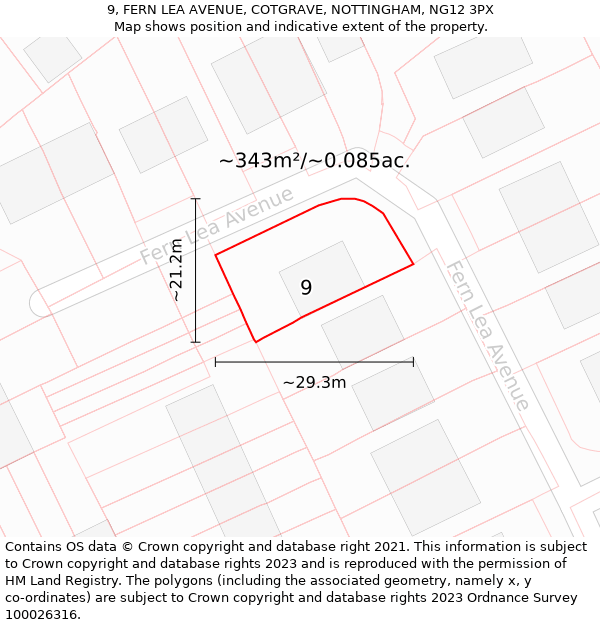 9, FERN LEA AVENUE, COTGRAVE, NOTTINGHAM, NG12 3PX: Plot and title map