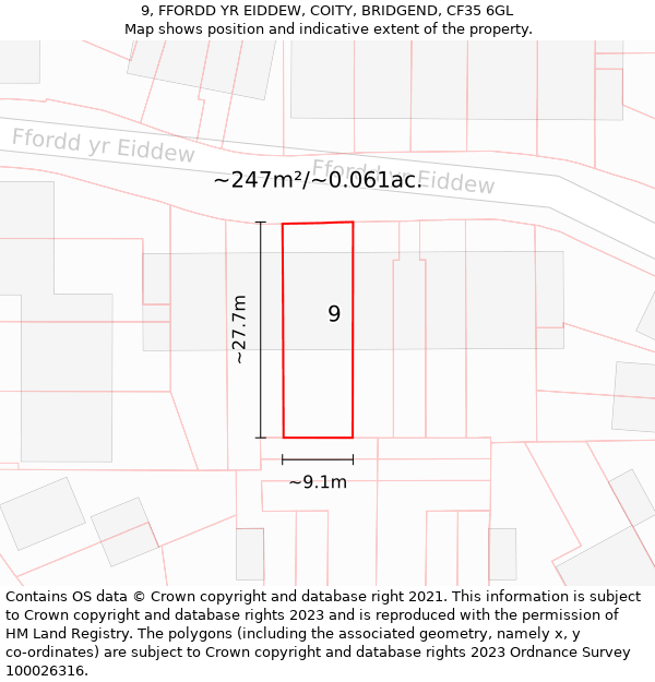 9, FFORDD YR EIDDEW, COITY, BRIDGEND, CF35 6GL: Plot and title map