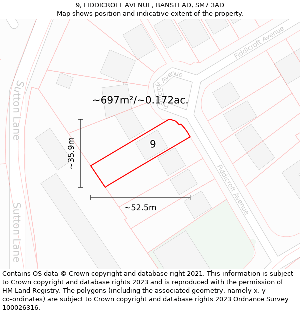 9, FIDDICROFT AVENUE, BANSTEAD, SM7 3AD: Plot and title map