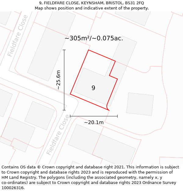 9, FIELDFARE CLOSE, KEYNSHAM, BRISTOL, BS31 2FQ: Plot and title map