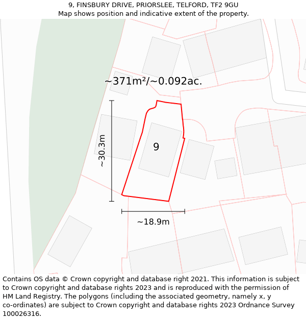 9, FINSBURY DRIVE, PRIORSLEE, TELFORD, TF2 9GU: Plot and title map