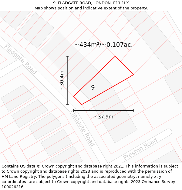 9, FLADGATE ROAD, LONDON, E11 1LX: Plot and title map