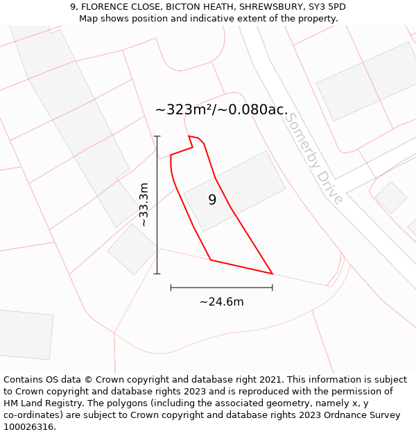 9, FLORENCE CLOSE, BICTON HEATH, SHREWSBURY, SY3 5PD: Plot and title map