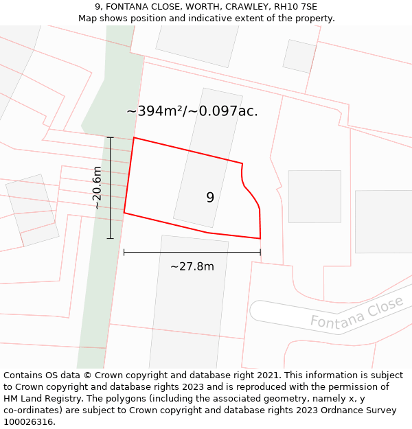 9, FONTANA CLOSE, WORTH, CRAWLEY, RH10 7SE: Plot and title map