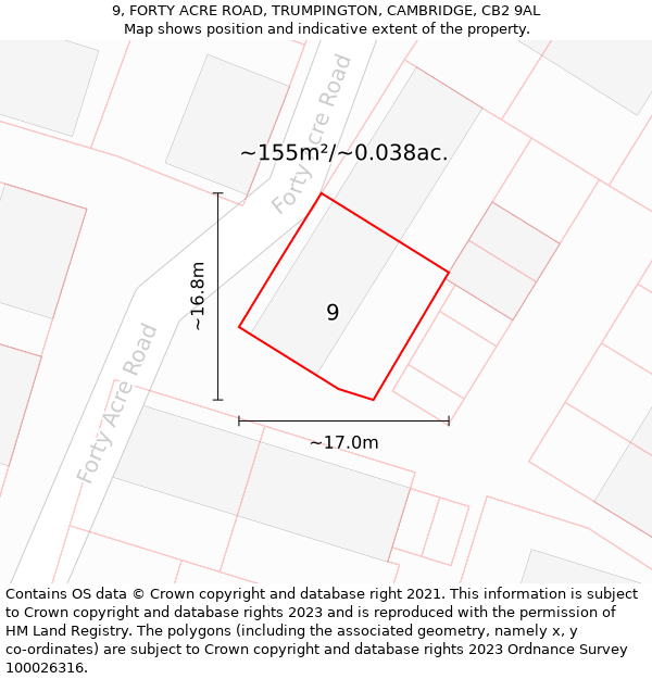 9, FORTY ACRE ROAD, TRUMPINGTON, CAMBRIDGE, CB2 9AL: Plot and title map