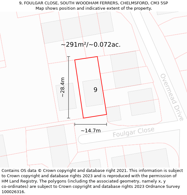 9, FOULGAR CLOSE, SOUTH WOODHAM FERRERS, CHELMSFORD, CM3 5SP: Plot and title map