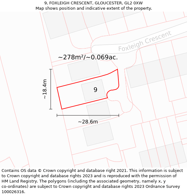 9, FOXLEIGH CRESCENT, GLOUCESTER, GL2 0XW: Plot and title map