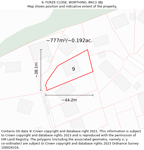 9, FURZE CLOSE, WORTHING, BN13 3BJ: Plot and title map