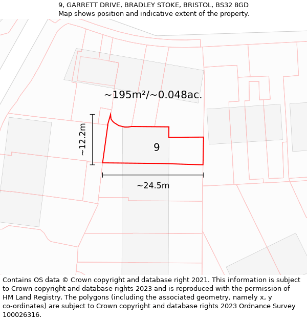 9, GARRETT DRIVE, BRADLEY STOKE, BRISTOL, BS32 8GD: Plot and title map