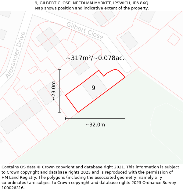 9, GILBERT CLOSE, NEEDHAM MARKET, IPSWICH, IP6 8XQ: Plot and title map